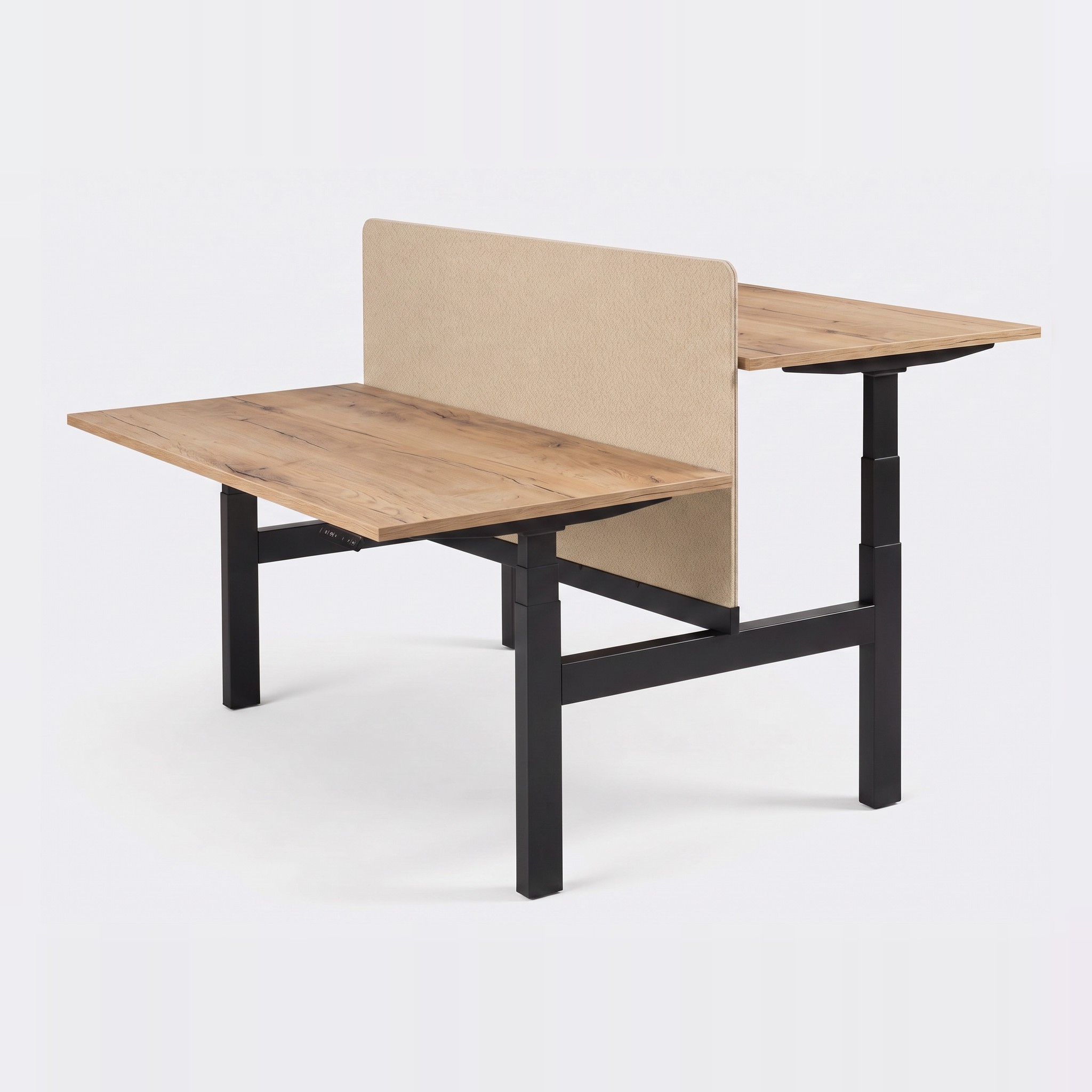 Zit-sta duo-bureau elektrisch 'Professional' – 06 Vanilla, 160x80cm, Zwart , Met scheidingswand 79cm hoog (hoogte vanaf vloer 130cm), Natuur eiken